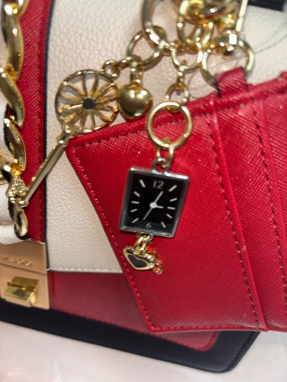 Aldo Tricolor Chain-Accent Top Handle Satchel in White, Red & Black - Picture 4 of 7